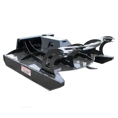 Prime Attachments direct drive skid steer brush mower attachment showing heavy duty deck, blade system, and compact design
