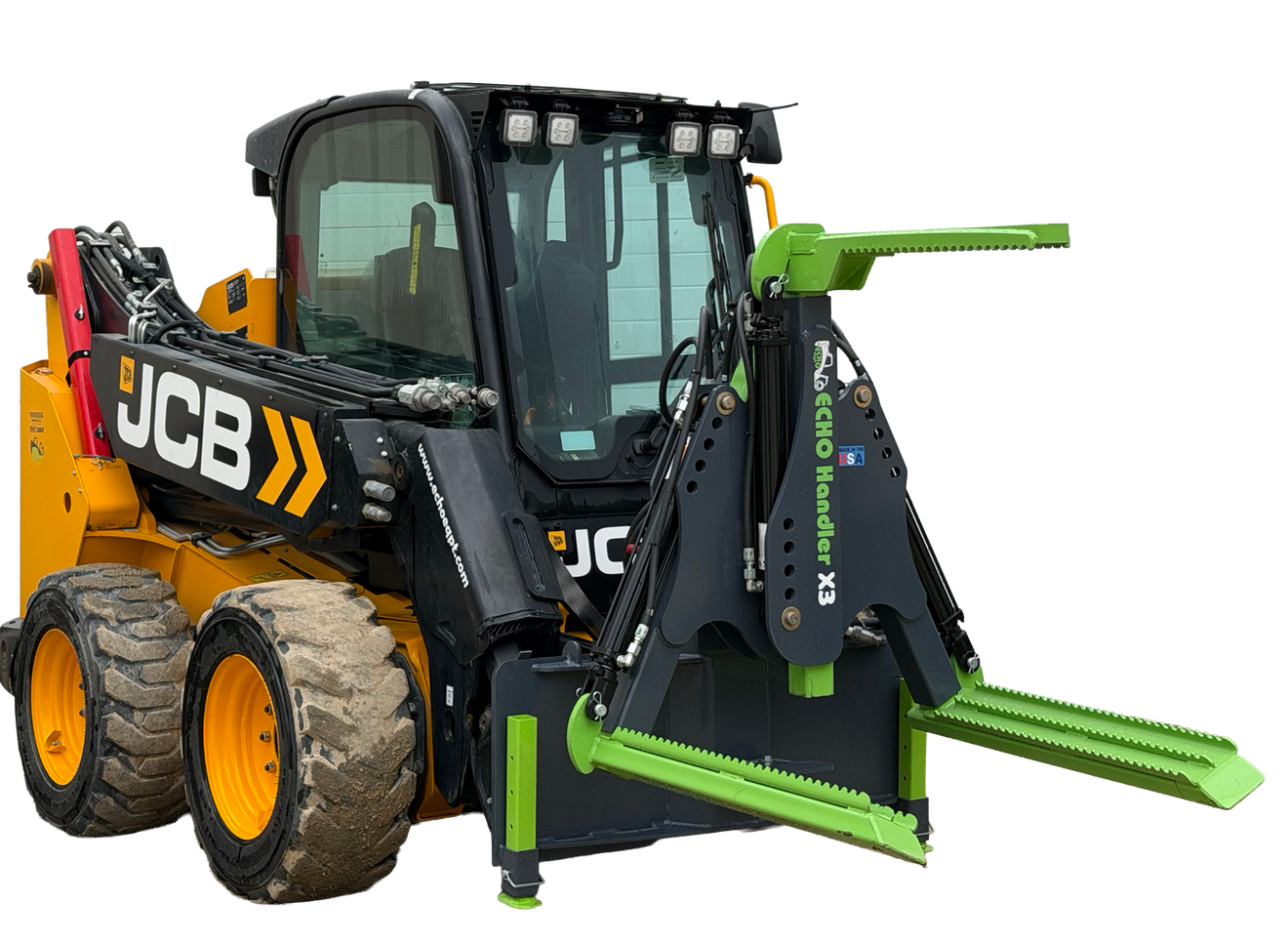 ECHO X3 skid steer tire handler mounted on JCB showing clamp arms for handling large tractor tires