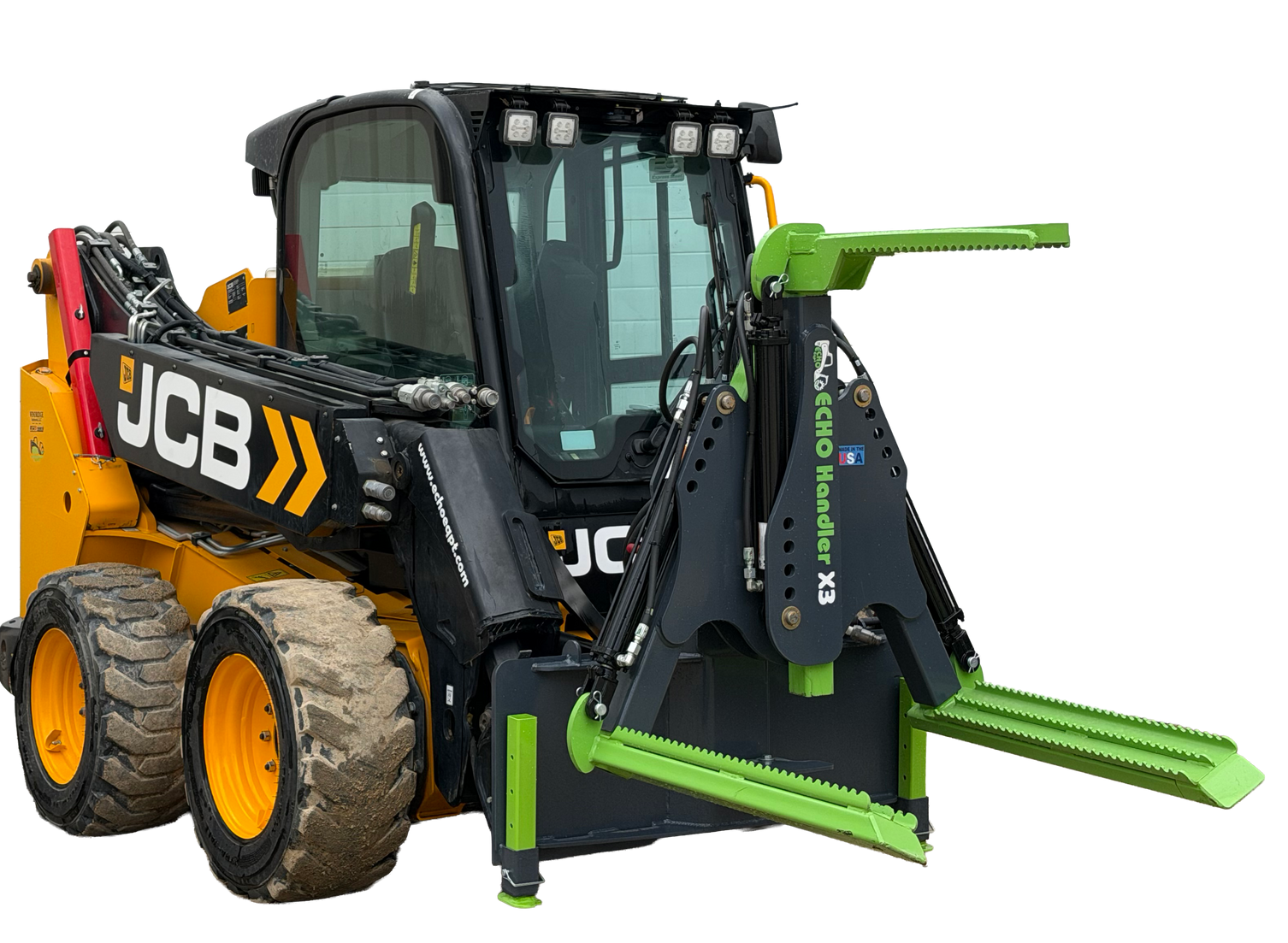 ECHO X3 skid steer tire handler mounted on JCB showing clamp arms for handling large tractor tires