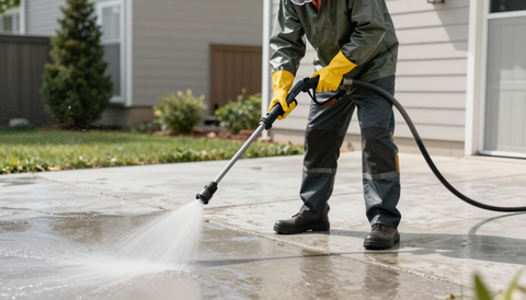Worker pressure washing a driveway with a hose near a house and lawn