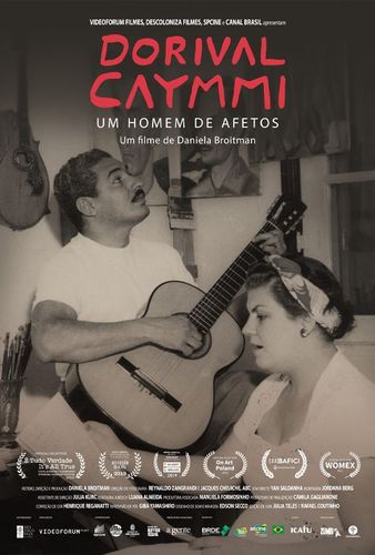 A movie poster for dorival caymmi shows a man and a woman playing guitars