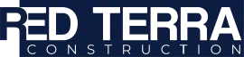 A blue and white logo for red terra construction