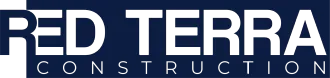 A blue and white logo for red terra construction