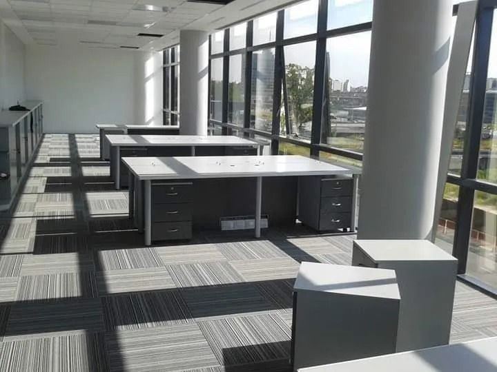 Oficina moderna vacía con escritorios largos, suelo alfombrado y grandes ventanales con vistas a árboles y edificios.