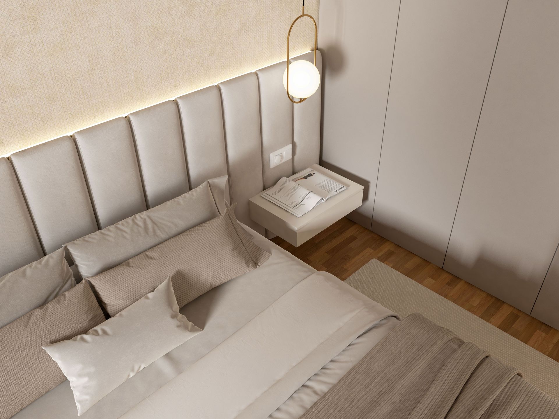 Dormitorio minimalista en tonos beige con cama, mesita de noche y lámpara colgante.