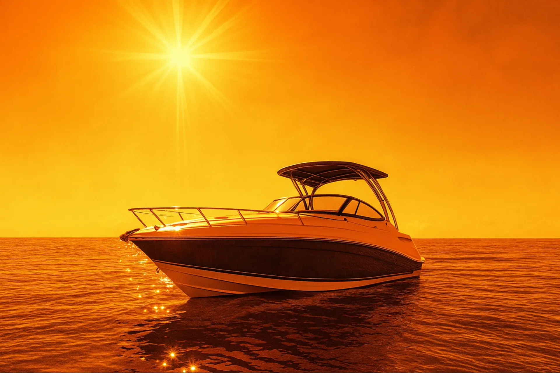 Boat on water under a bright orange sun.