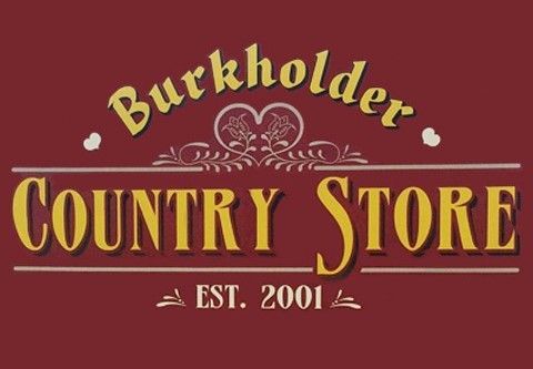 Burkholder Country Store logo in gold and white on a maroon background, floral heart design above text.