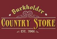 Burkholder Country Store logo in gold and white on a maroon background, floral heart design above text.