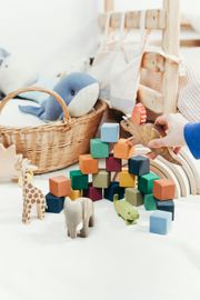 Assortment of wooden toys, including blocks, animals, and a rainbow arch on a white surface. A hand holds a dinosaur.