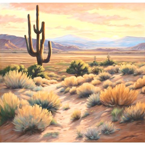 Desert landscape with a large saguaro cactus, other cacti, and bushes under a warm sky.