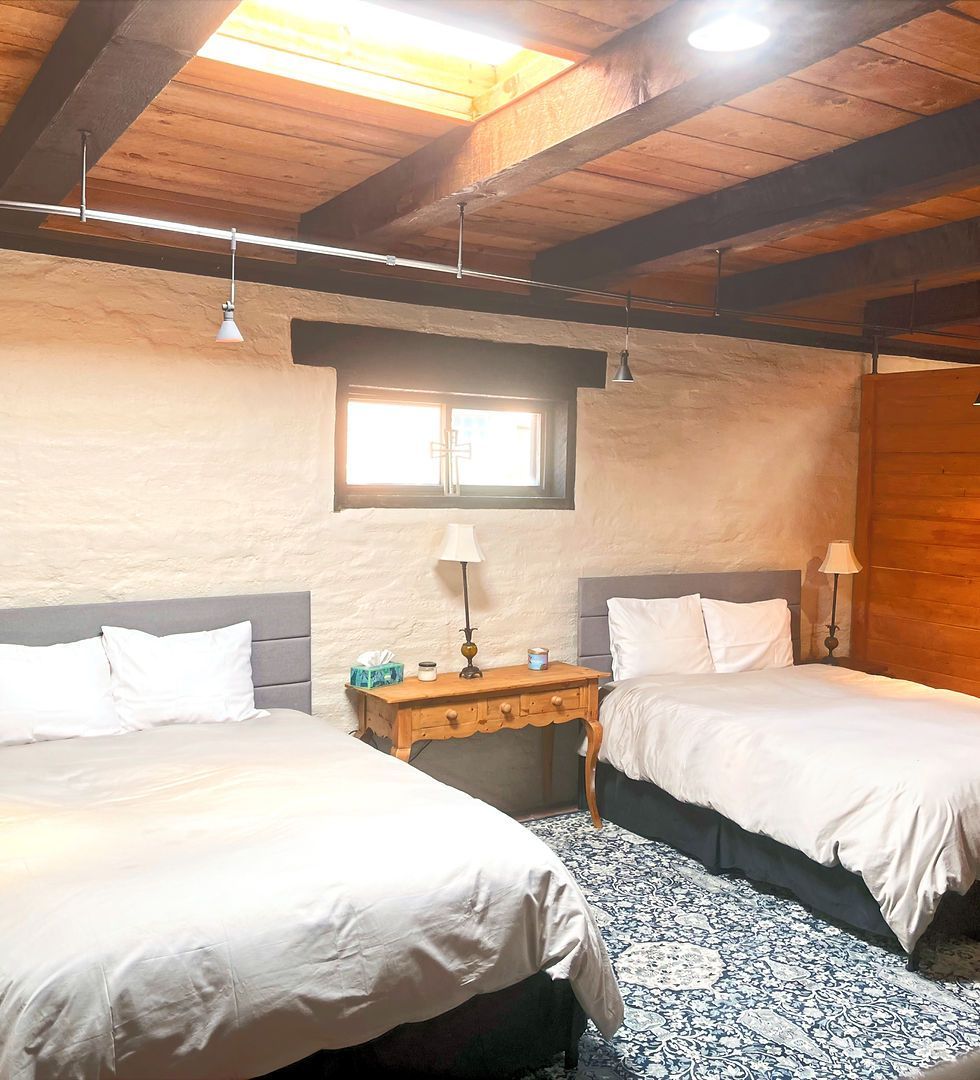 Bedroom with two beds, wood ceiling, small window, and a patterned rug.