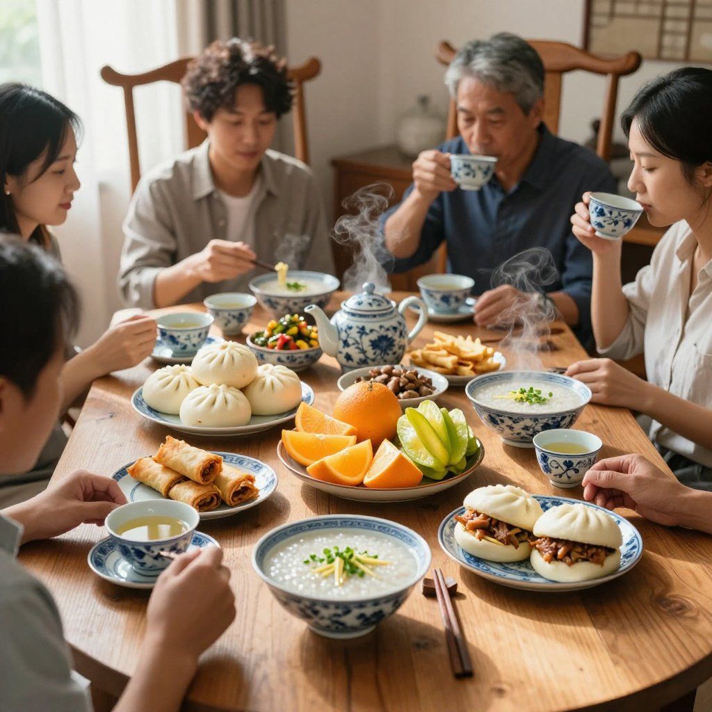 Family eating a meal together at a wooden table with various dishes and tea; steam rising from the food.