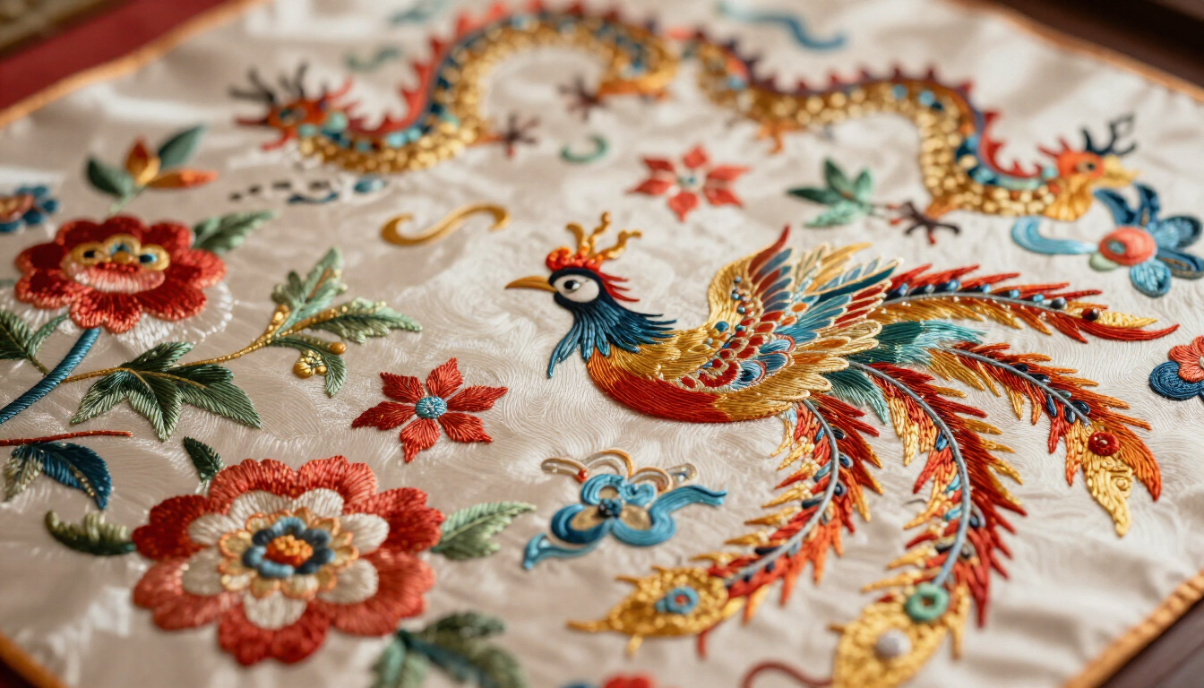 Close-up of traditional Chinese silk embroidery with vibrant threads.