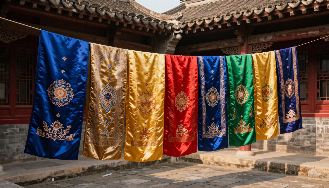 Intricate traditional Chinese textile patterns and looms in a sunlit workshop setting.