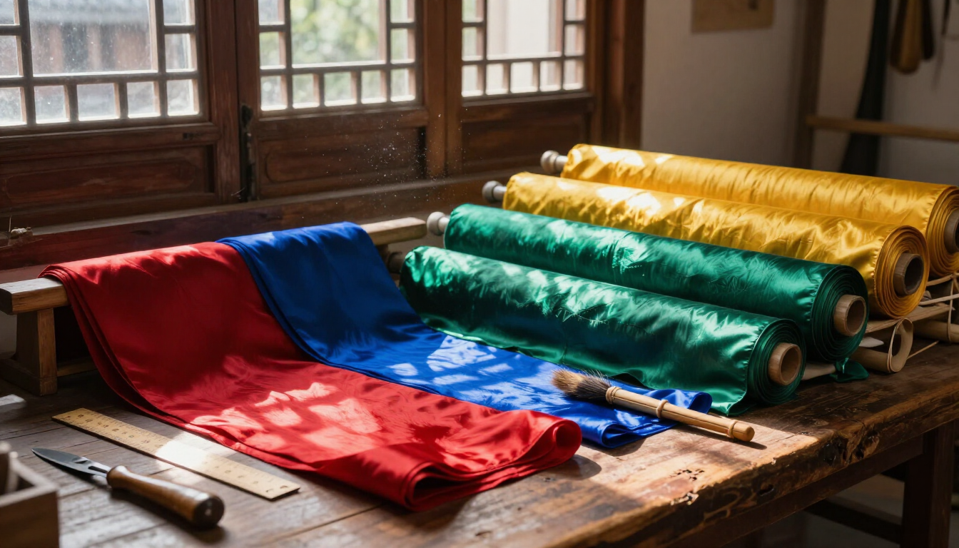 photorealistic sunlit artisan studio in China with rolls of colorful hand-dyed silk and traditional tools