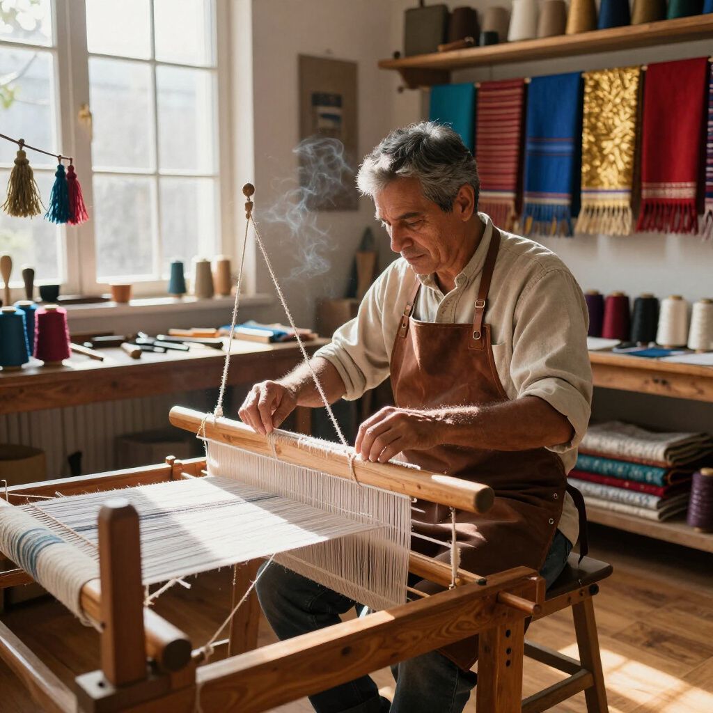 Man weaving fabric on a wooden loom in a well-lit workshop.