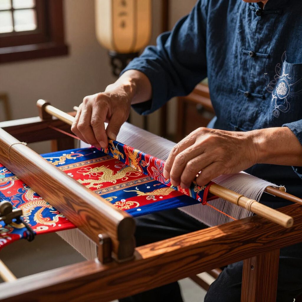 Person weaving colorful fabric on a wooden loom indoors.