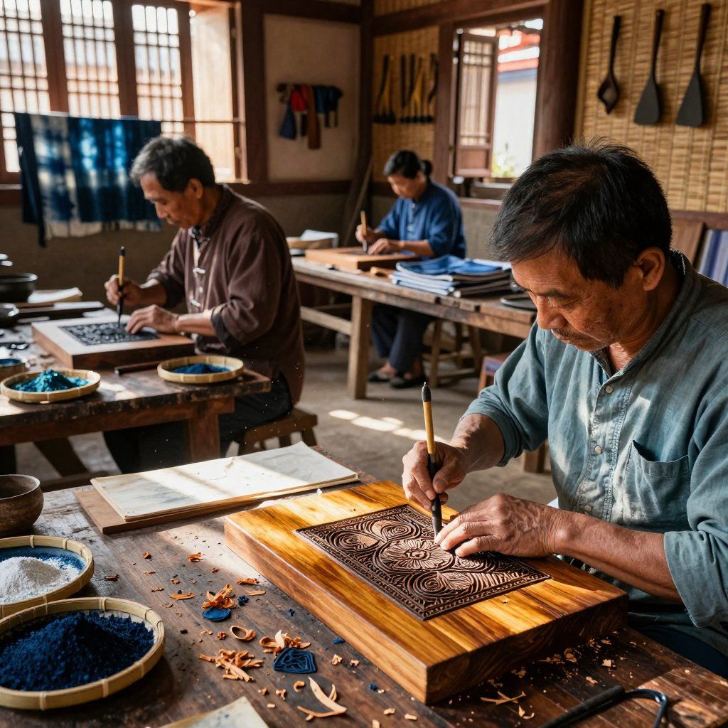 People carving designs into wood blocks at a workshop. Sunlight, blue dye, and a rustic interior.