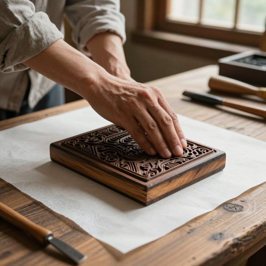 Hands pressing paper onto a carved wooden block on a wooden table, tools nearby.