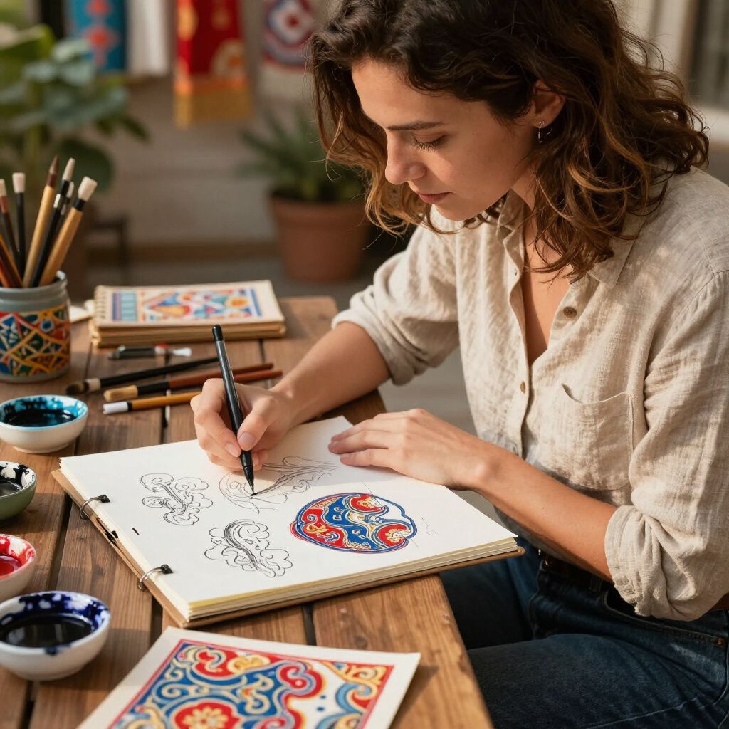 Woman drawing colorful patterns on paper outdoors at a wooden table.