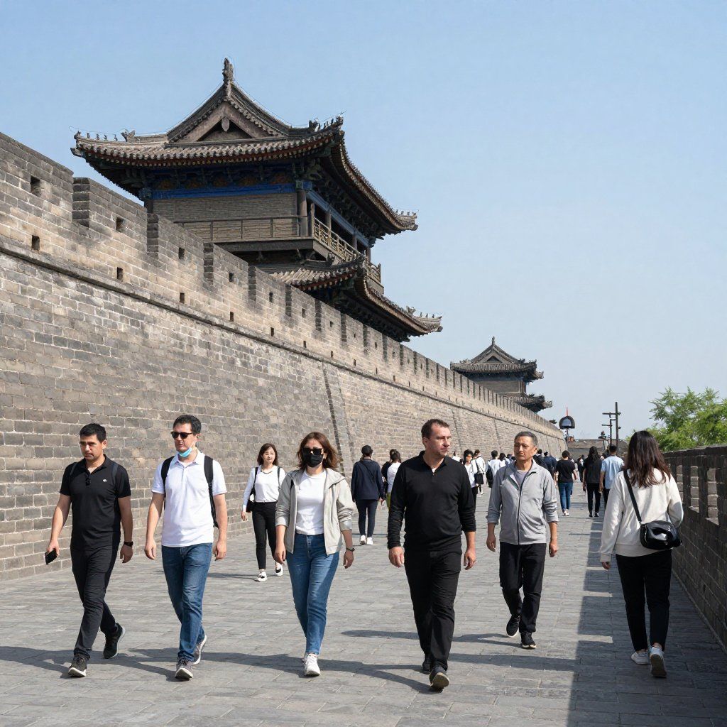 People walking atop a large stone wall with a multi-tiered gatehouse under a blue sky.