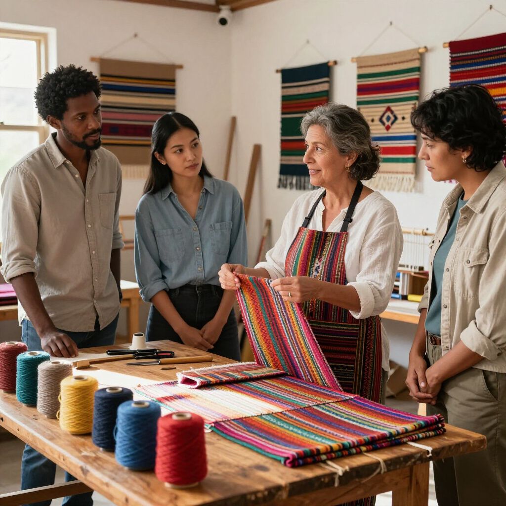 Four people examining textiles in a workshop. A woman displays a colorful woven piece. Spools of yarn on table.
