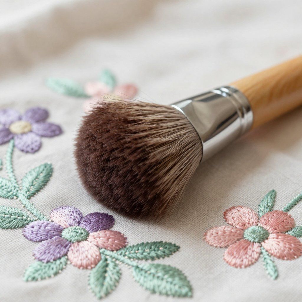 Makeup brush with brown bristles on floral embroidered fabric.