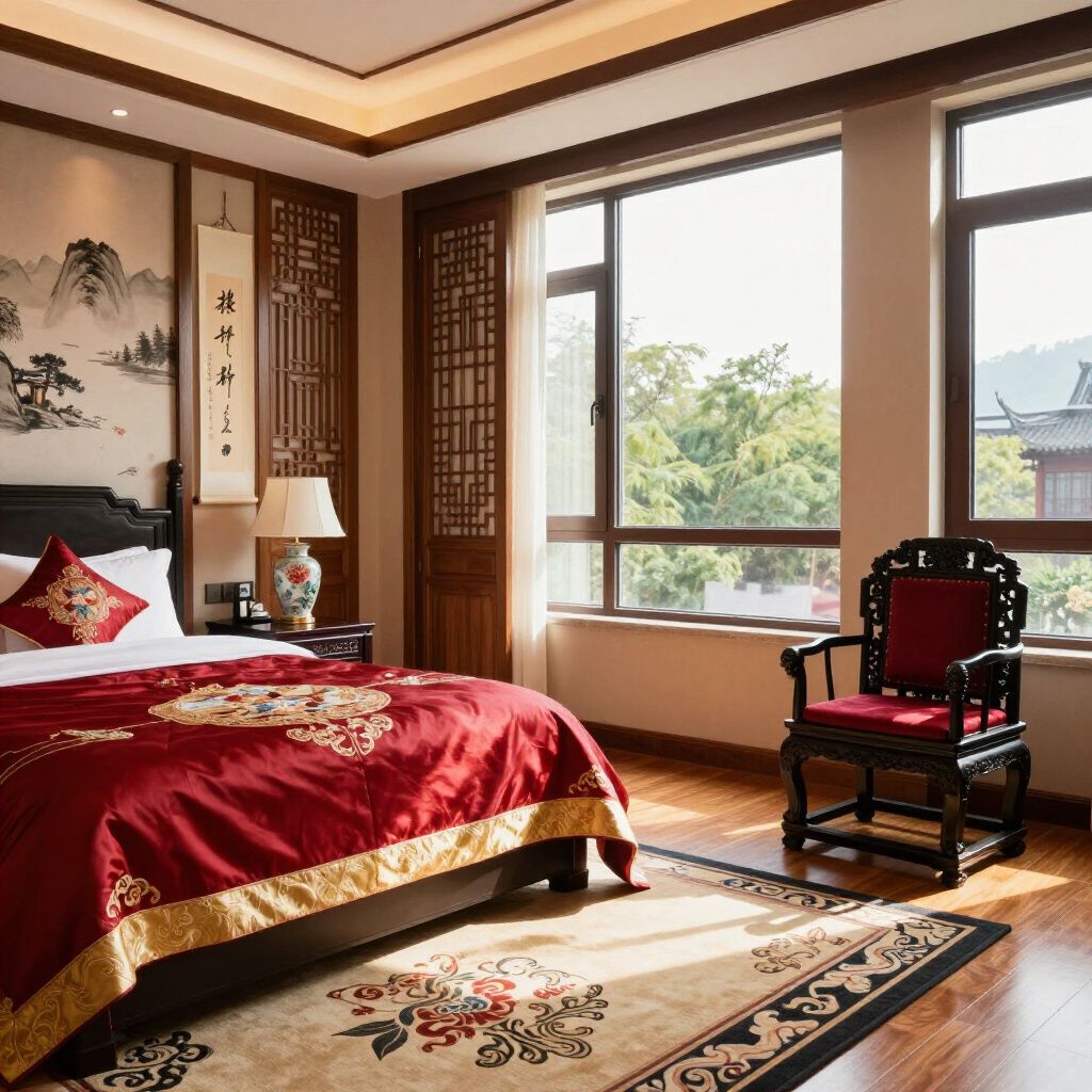 Bedroom with red bedding, wood furniture, traditional decor, and a large window with a view.