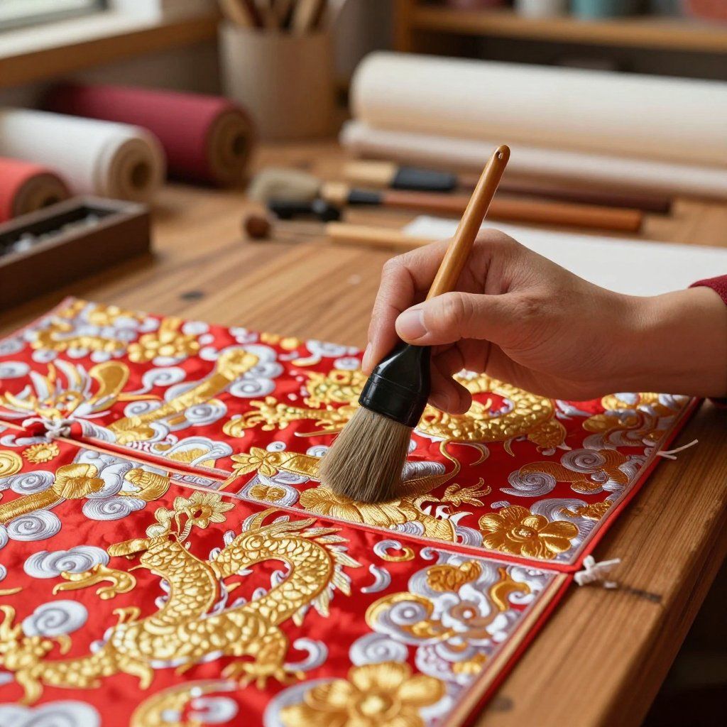 Person uses brush on a red textile with gold dragon embroidery, studio setting.