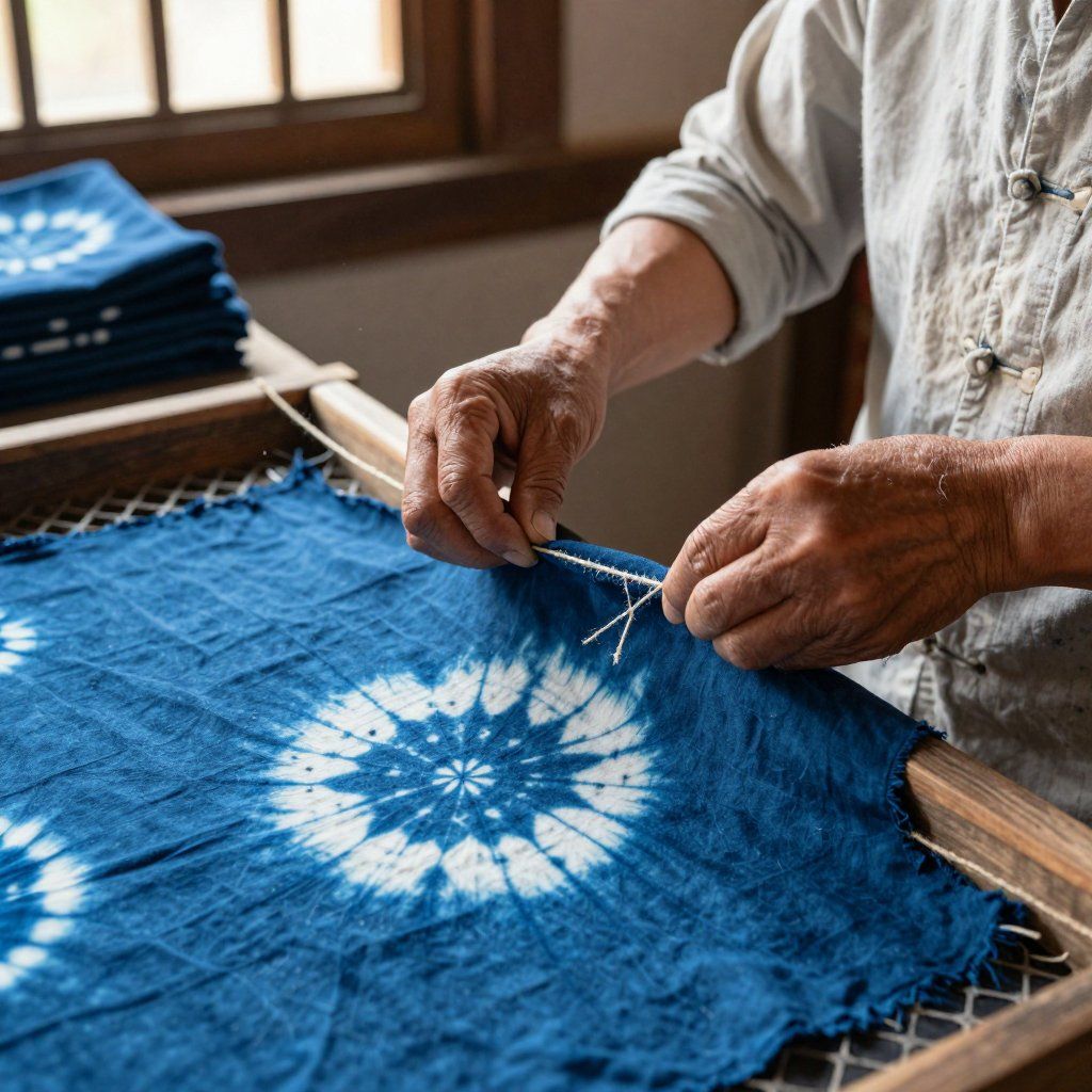 Person tying off fabric with white string for a tie-dye design. Blue and white fabric.