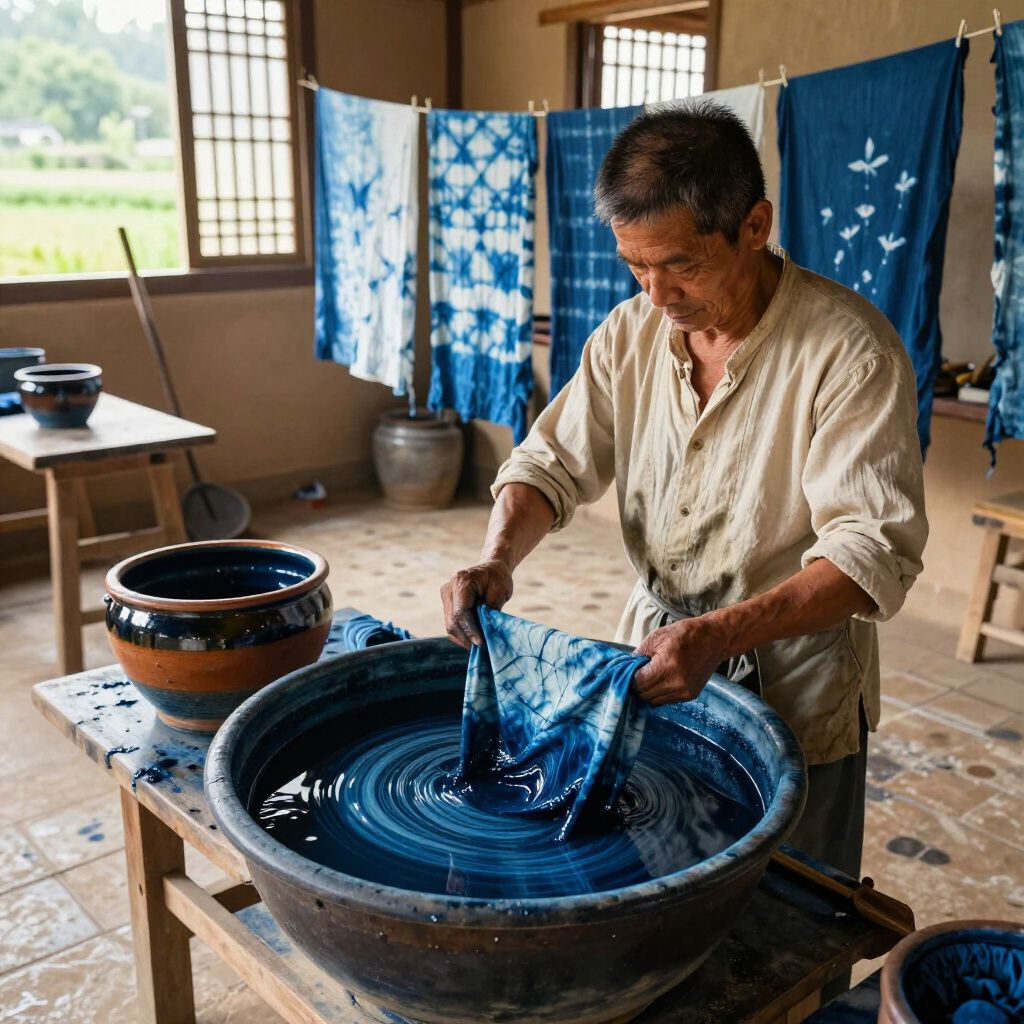 Man dyeing fabric in a blue dye vat. Indigo textiles hanging, drying. Rustic interior setting.