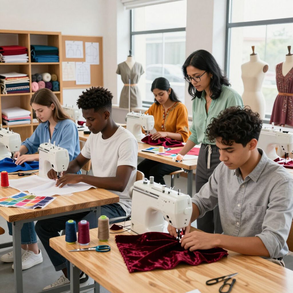 Fashion class: students at sewing machines, instructor assisting. Classroom setting with mannequins.