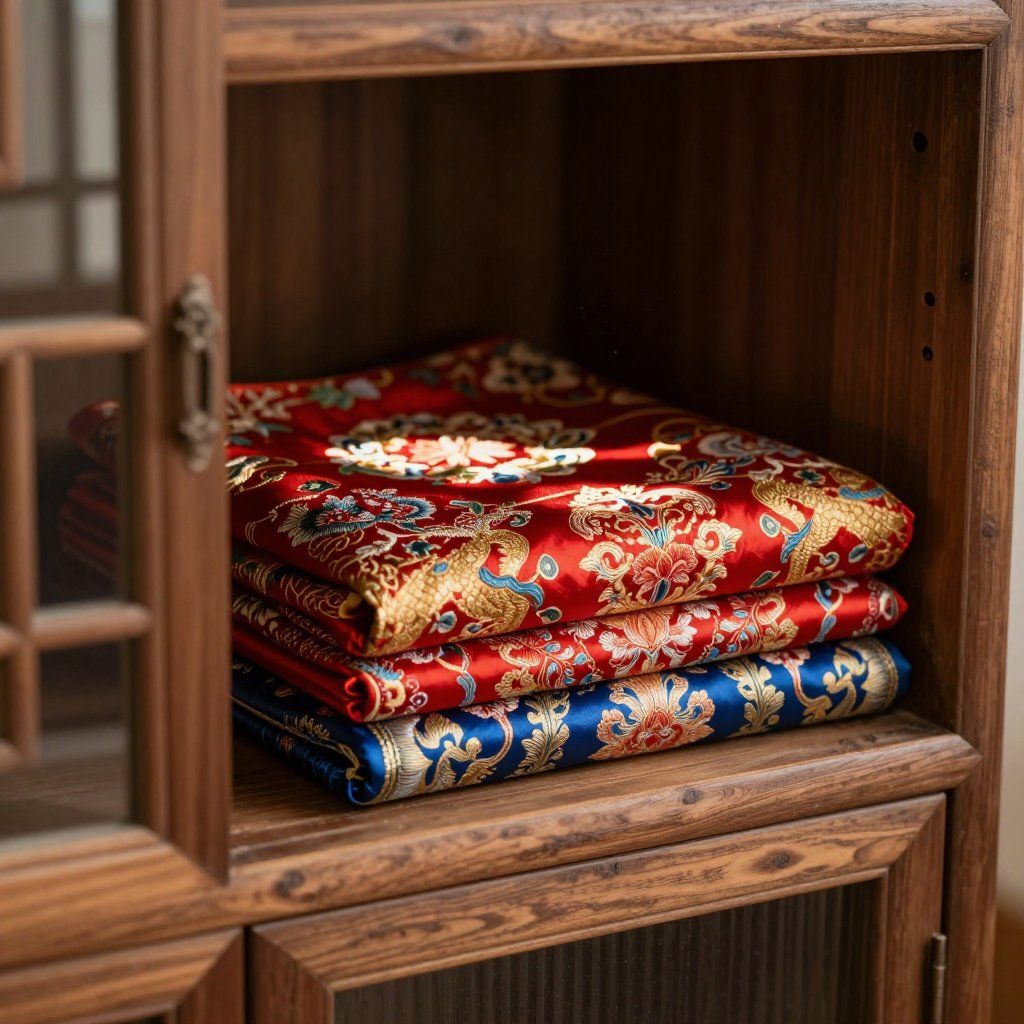 Fabrics, red and blue, folded in a wooden cabinet.