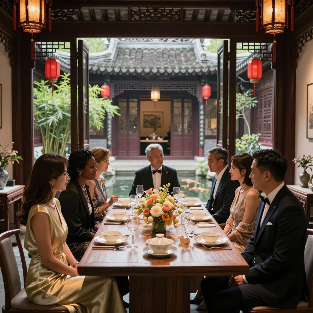 People seated at a dining table inside a Chinese garden building, with a water feature visible through the open doors.