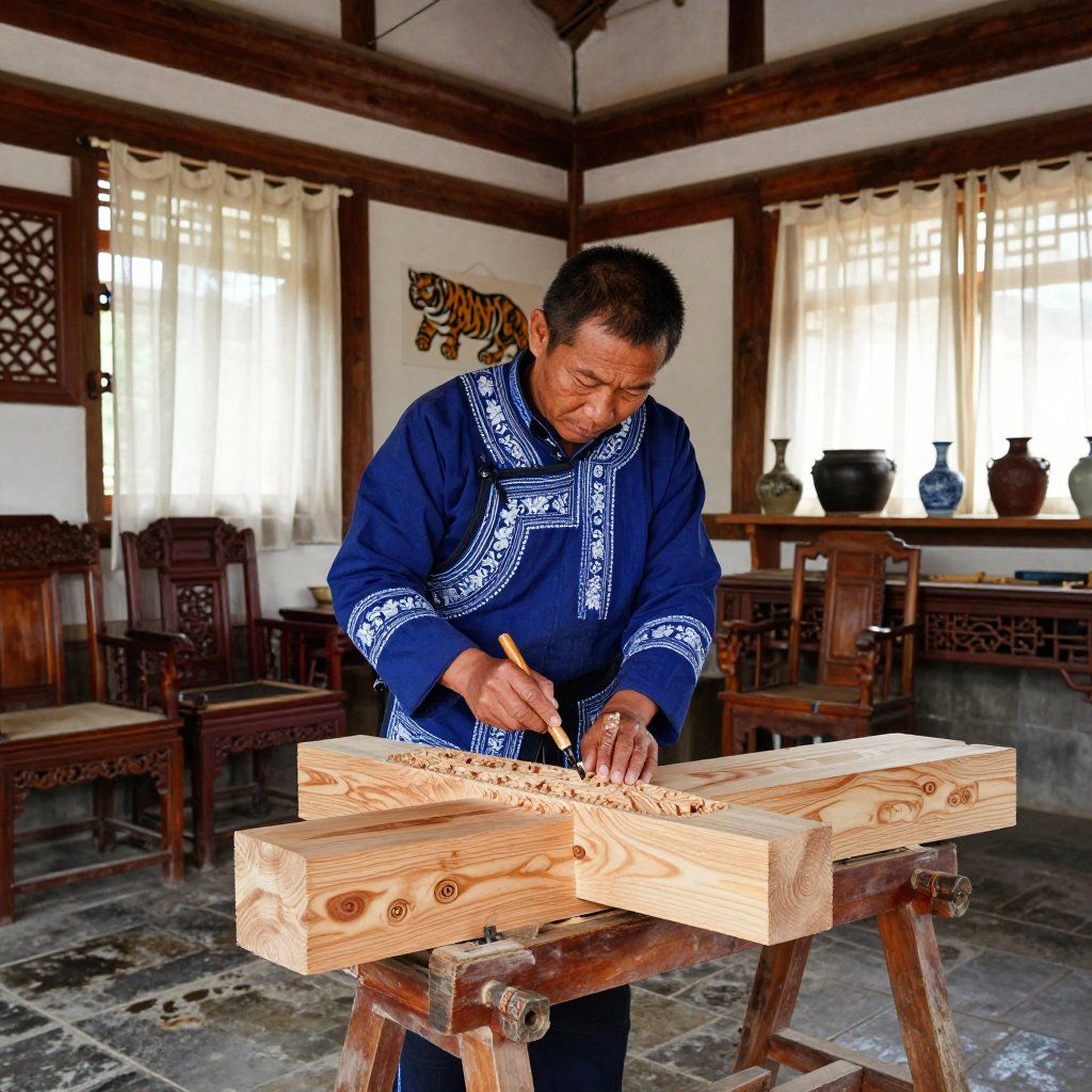 Man carving wood with a tool in a workshop; wooden furniture and tiger artwork visible.