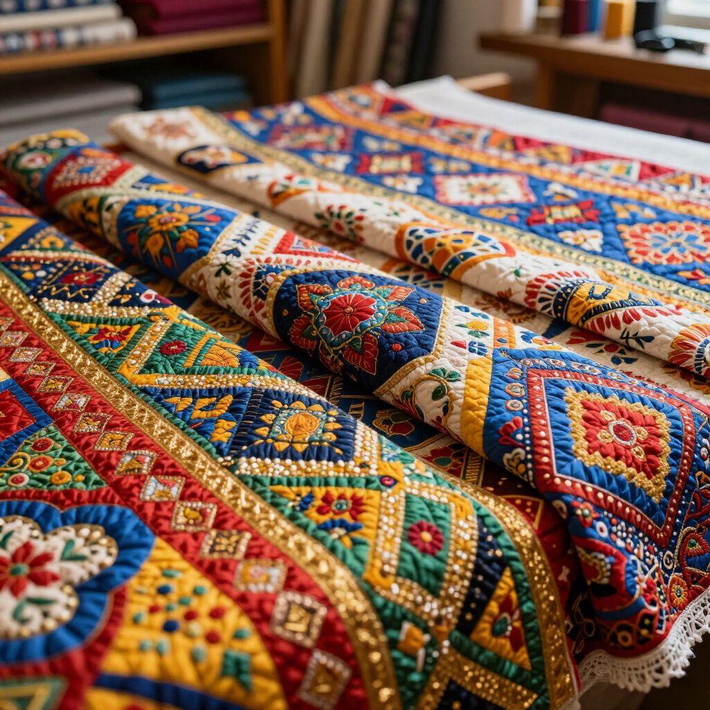 Colorful, patterned textiles rolled up on a table. Detailed stitching and geometric designs.