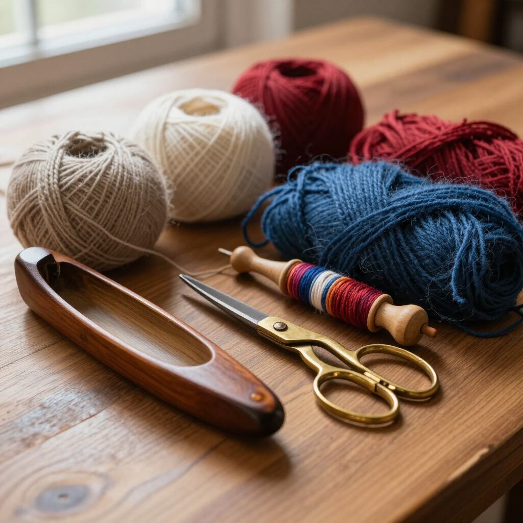 Yarn balls in red, beige, and blue with a weaving shuttle, scissors, and a spool on a wooden table.