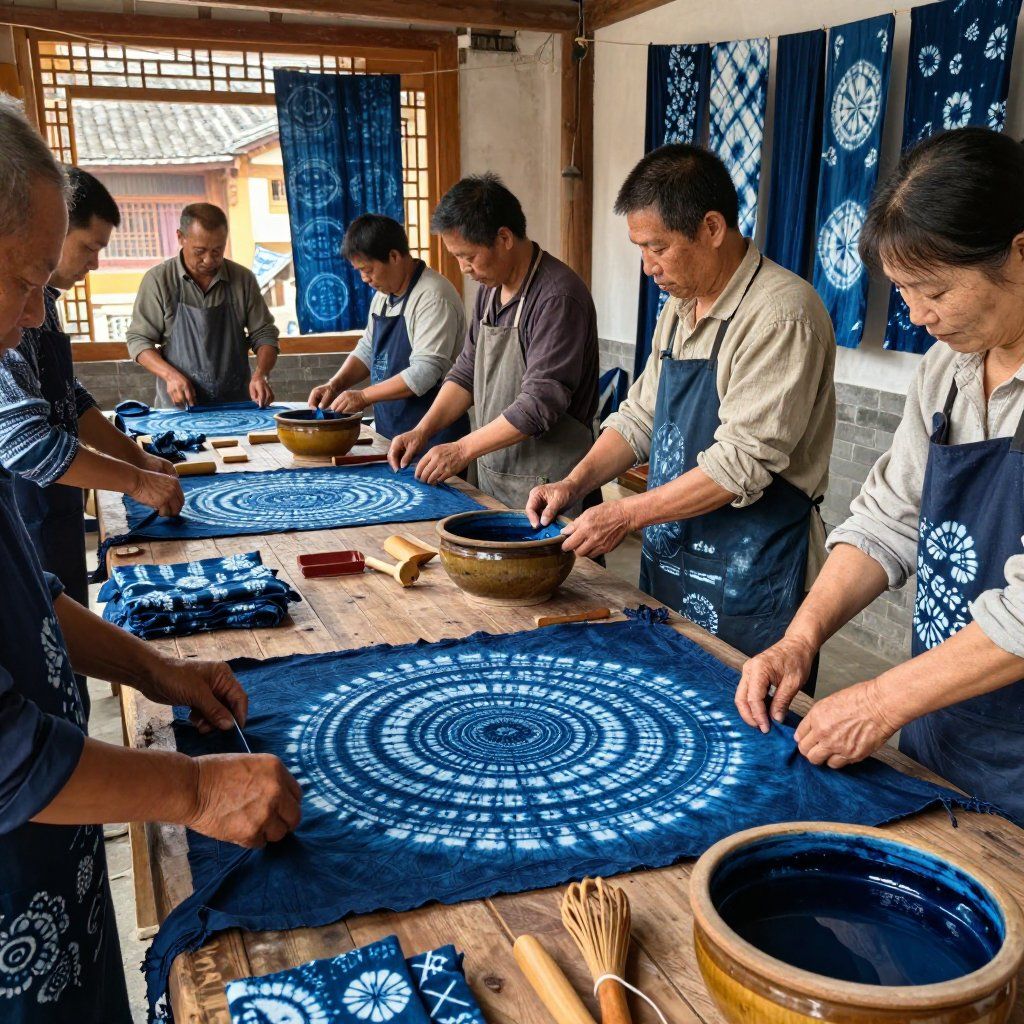 People tie-dyeing fabric with indigo dye in a workshop. Dark blue patterns on cloth, wooden tables, and dye pots.