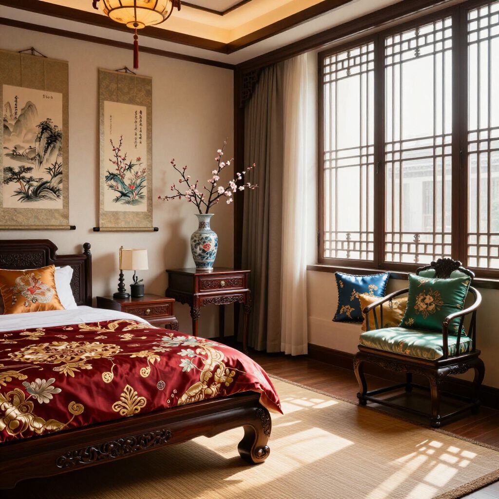 Elegant bedroom with red and gold bedding, antique furniture, and traditional artwork.