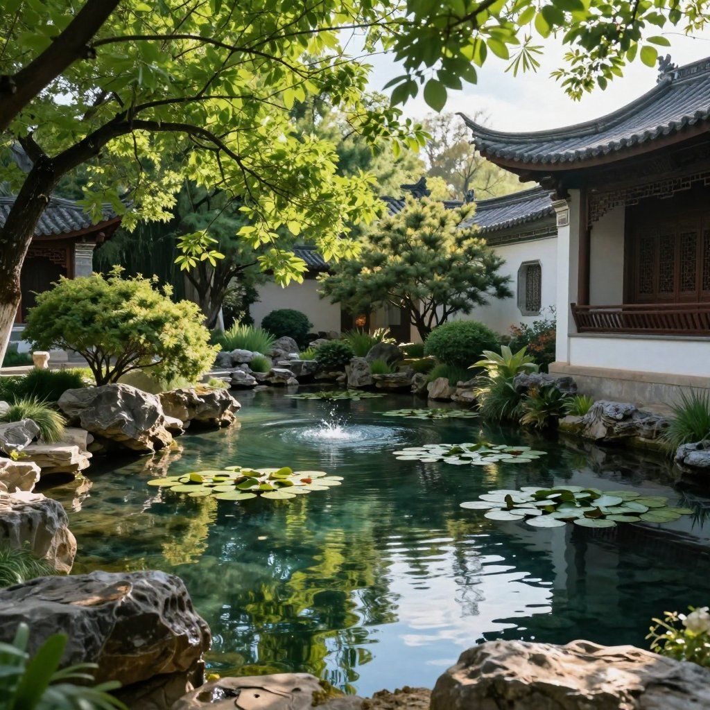 Tranquil garden scene with pond, lily pads, fountain, traditional architecture, lush greenery, and dappled sunlight.