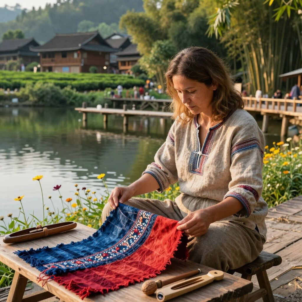 Woman weaving textile by a lake. Reds, blues, and patterned fabric. Wooden table, rural setting.