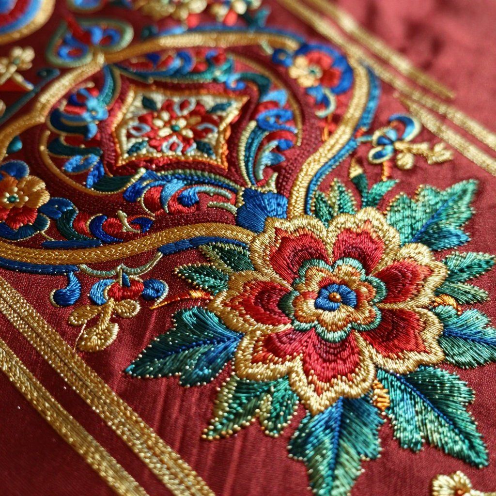 Close-up of elaborate floral embroidery in red, blue, green, and gold on maroon fabric.