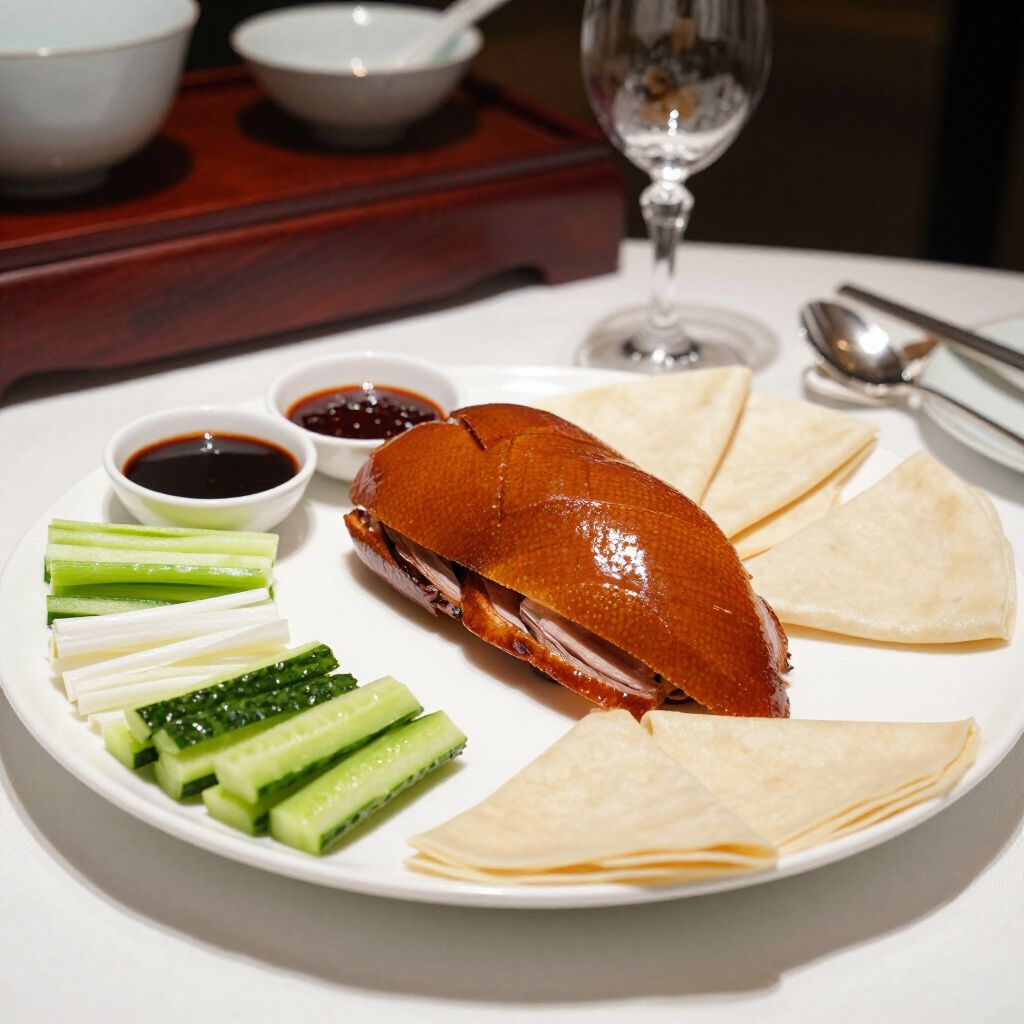 Peking duck served on a white plate with cucumber, scallions, sauce, and thin pancakes.