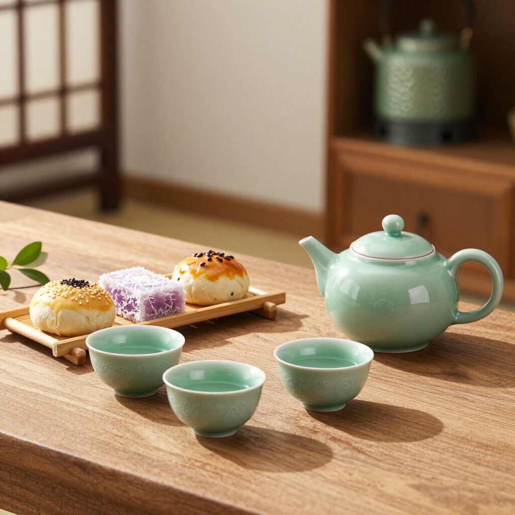 Tea set with teapot, cups, and pastries on a wooden table.