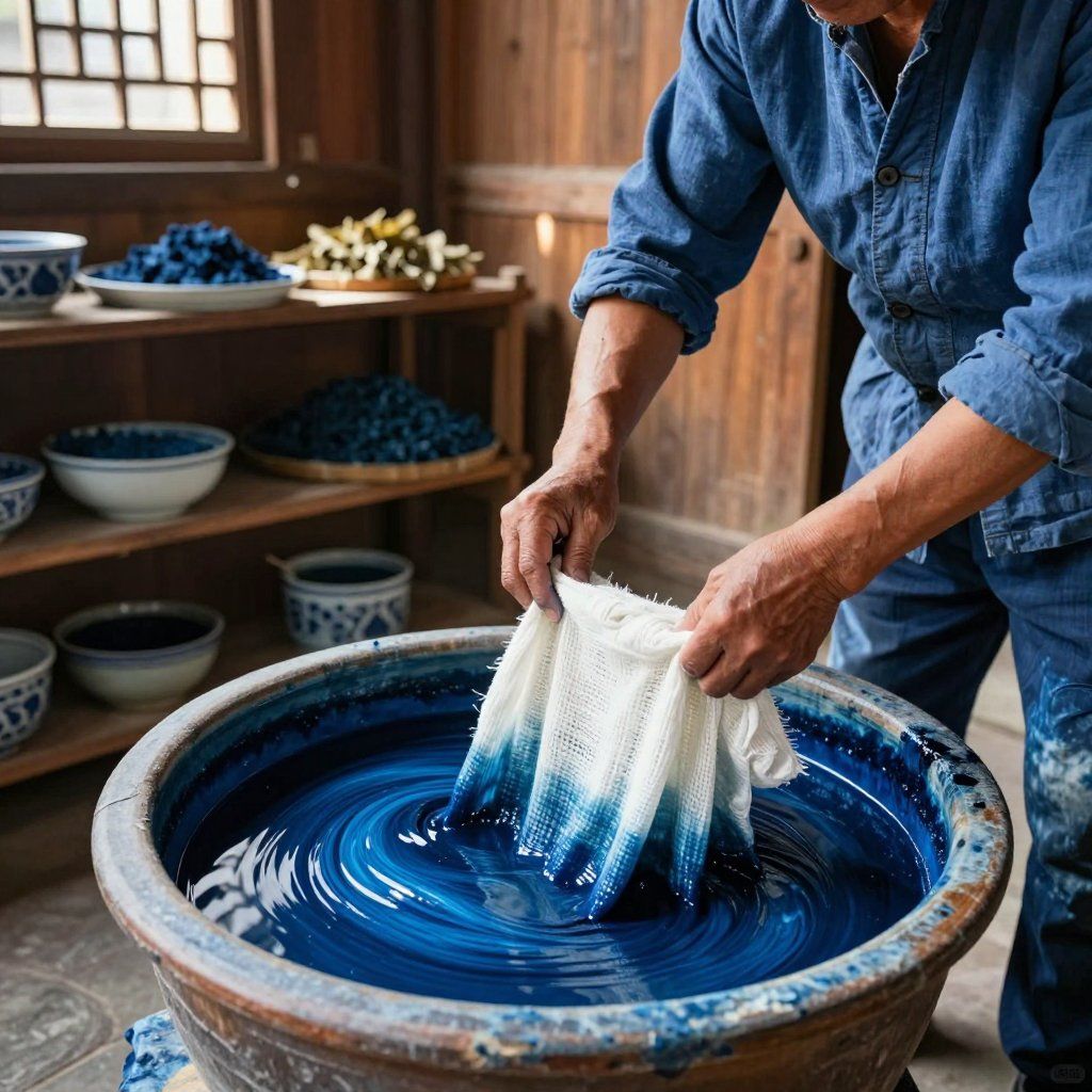 Man dyeing fabric in a large indigo vat, swirling the cloth. Bowls of indigo and wood shelves are visible.