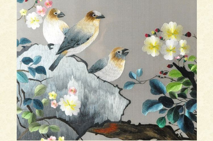 Three birds perched on a gray rock, embroidered with colorful flowers and leaves against a light gray background.