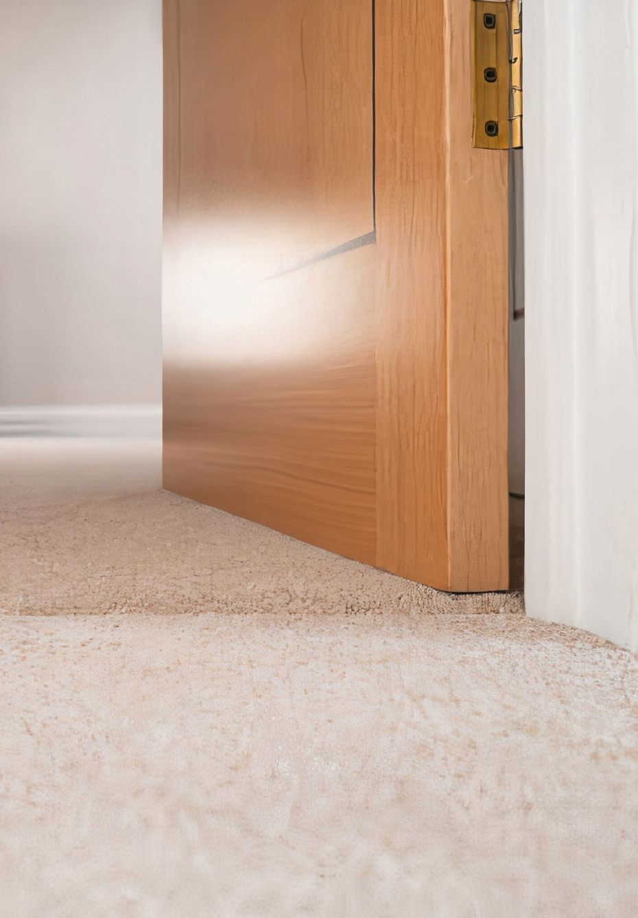 Beige carpet meets the bottom of a light wooden door with brass hinges, partially open in a white-walled interior.