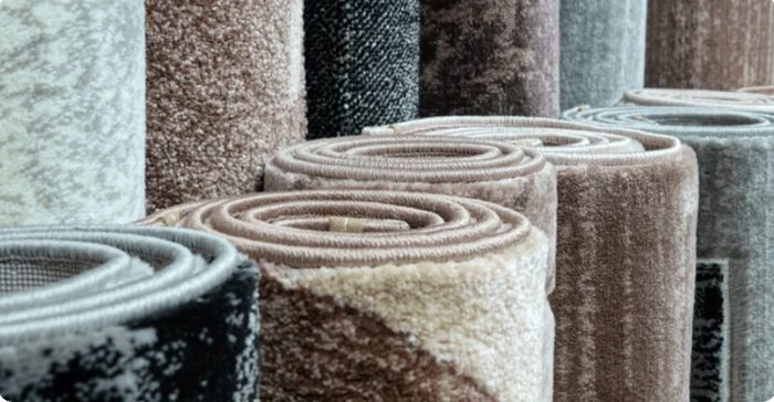 Rolled-up carpet samples in various colors and patterns.