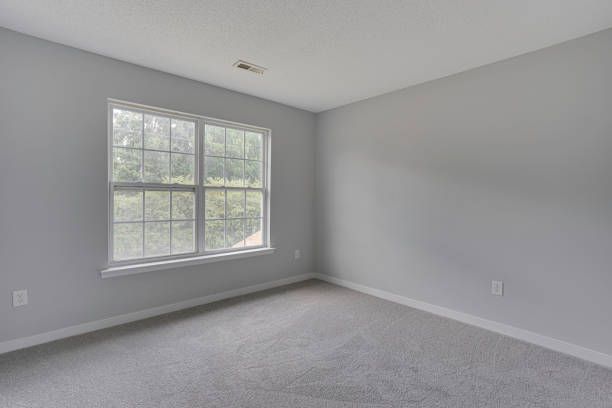 Empty gray room with window. Gray carpet and walls, white trim.