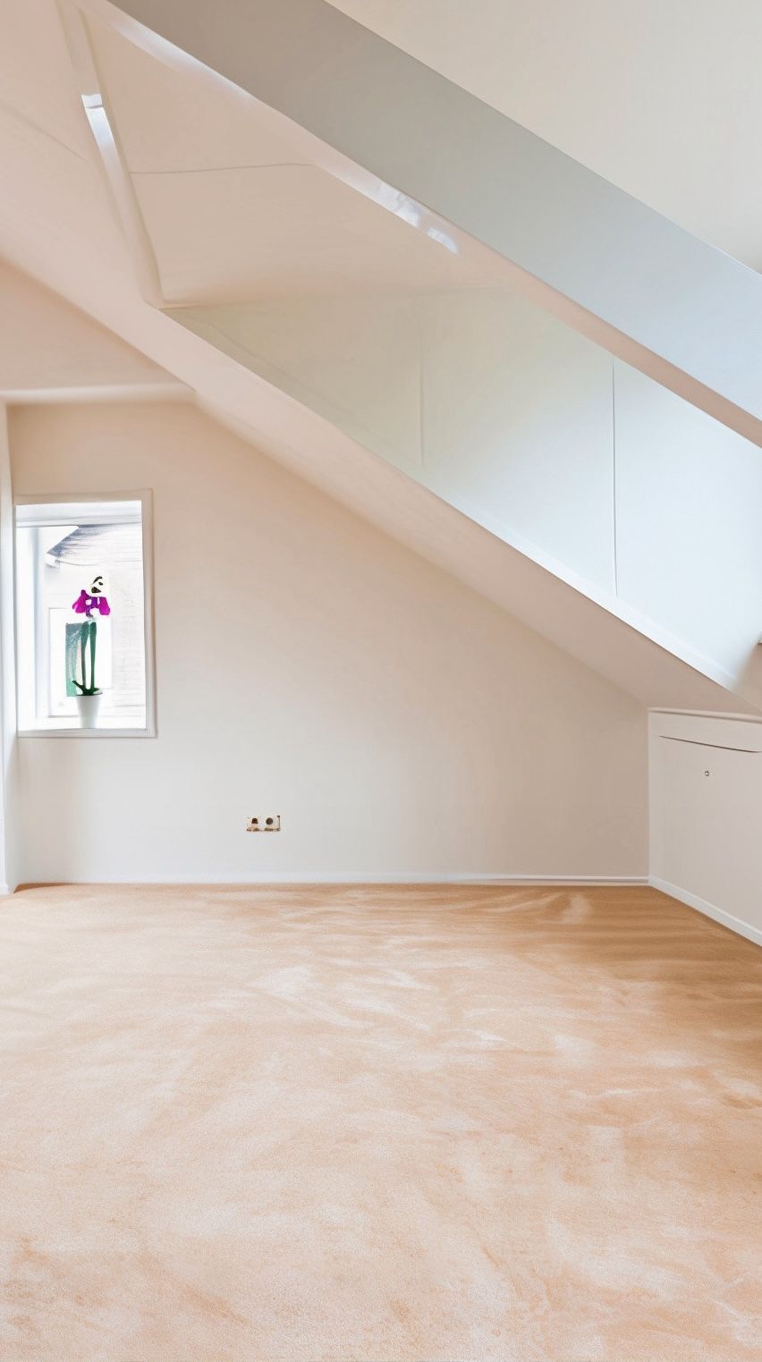 A bright, empty room with a sloped ceiling and a window. The walls are white, and the floor is covered in beige carpet.